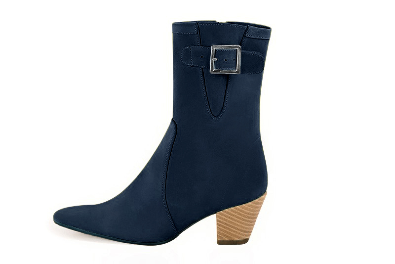 Navy blue women's ankle boots with a zip on the inside. Tapered toe. Medium cone heels. Profile view - Florence KOOIJMAN